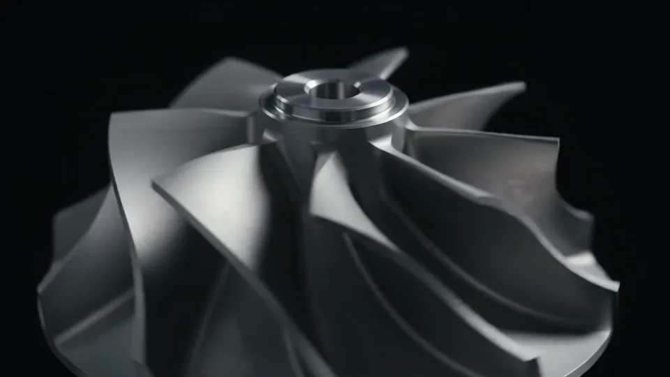 A turbine impeller rotating as its blades separate outward from the hub.